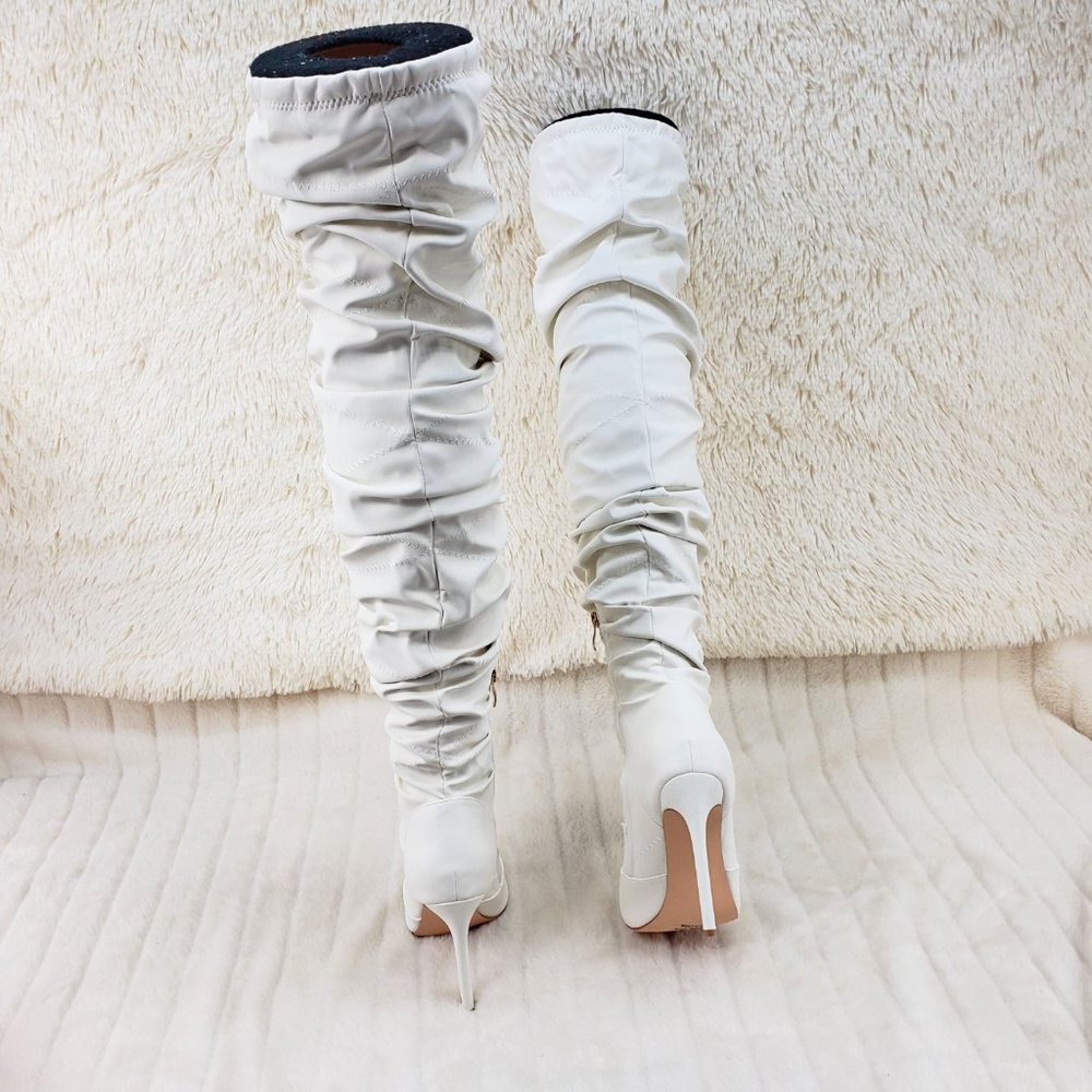 Bone White Square toe Thigh Boots Scrunch Slouch boots_14